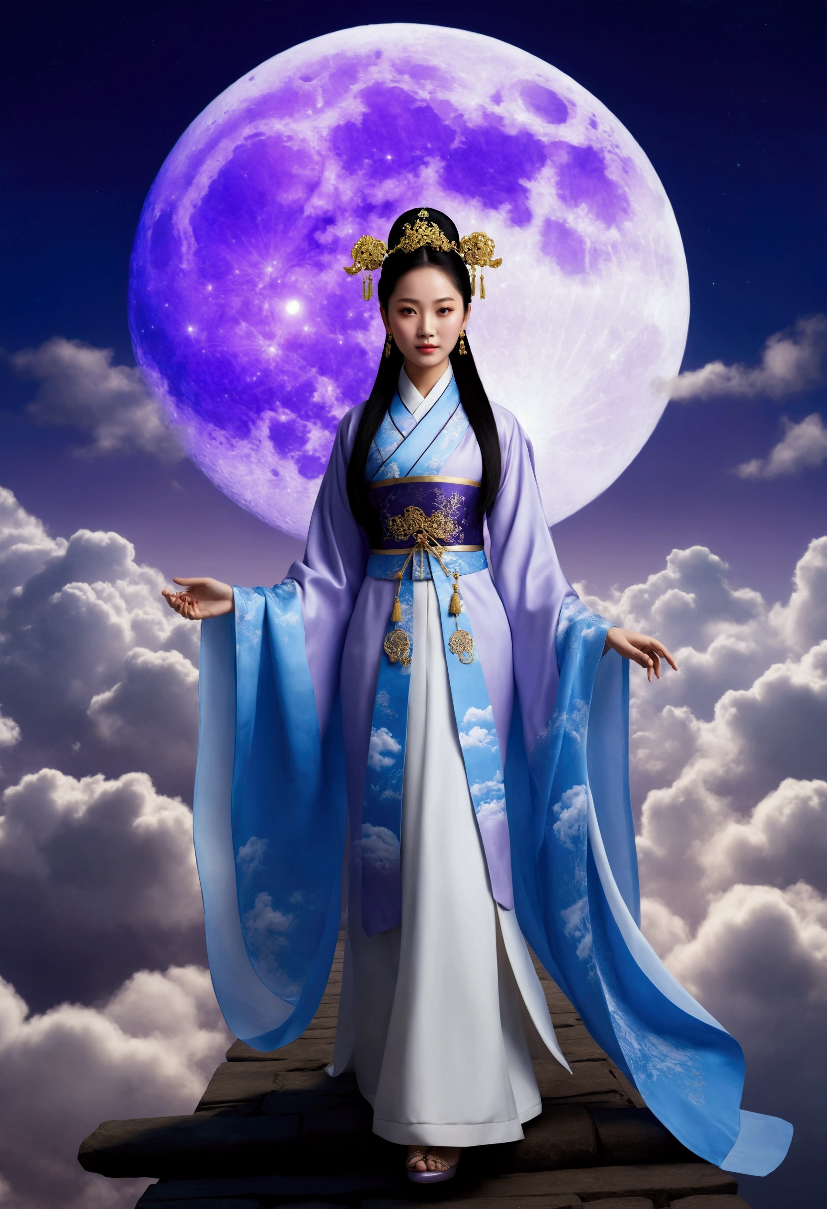 masterpiece,Highest quality,Chinese style,In the sky, The clouds form a huge transparent and shining white goddess,Thick Clouds,The moon shines,Pilgrims' Path,Ultra-realistic,Ultra-photorealism,lavender,8k,High resolution,super high quality,Masterpieces,Upper body only