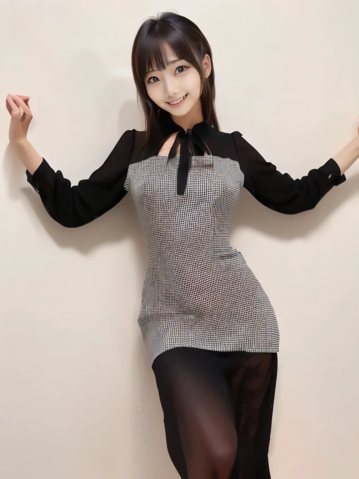 There is a woman taking a photo wearing a dress., Lena Noun Style 3/4, whole body picture, Also, 🍂 cute, whole body!!, whole body! Pretty face, 2263539546], sakimichan, Written by Ayami Kojima, Black and gray, Costume photo, celestial beings, Face that faithfully reproduces the face of LoRA, High resolution, Very detailed, Natural Bangs, highest quality