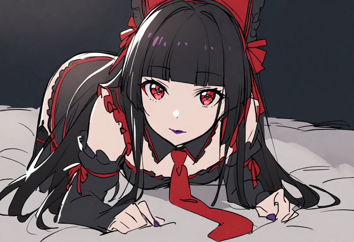 one-hour drawing challenge, sketch, lineart, rory mercury, long hair, black hair, (red eyes:1.3), bangs, blunt bangs, hime cut, medium breasts, lips, solo, thighhighs, bow, ribbon, hair ribbon, garter straps, dress, black dress, puffy sleeves, frills, detached sleeves, necktie, red necktie, lipstick, purple lipstick, on all fours, (looking at viewer), (front view), bed, night, full body,