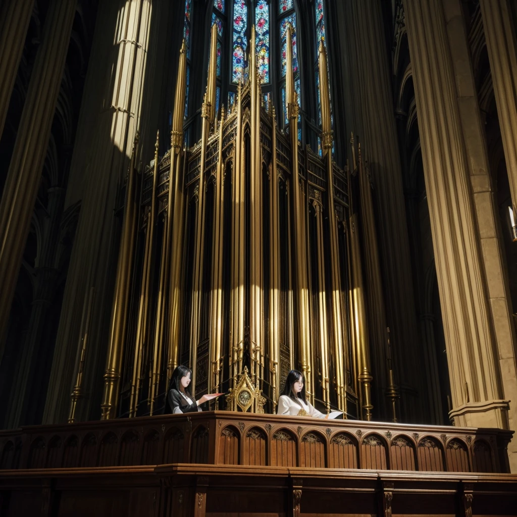 a woman with black hair and a gold dress playing an organ in a cathedral