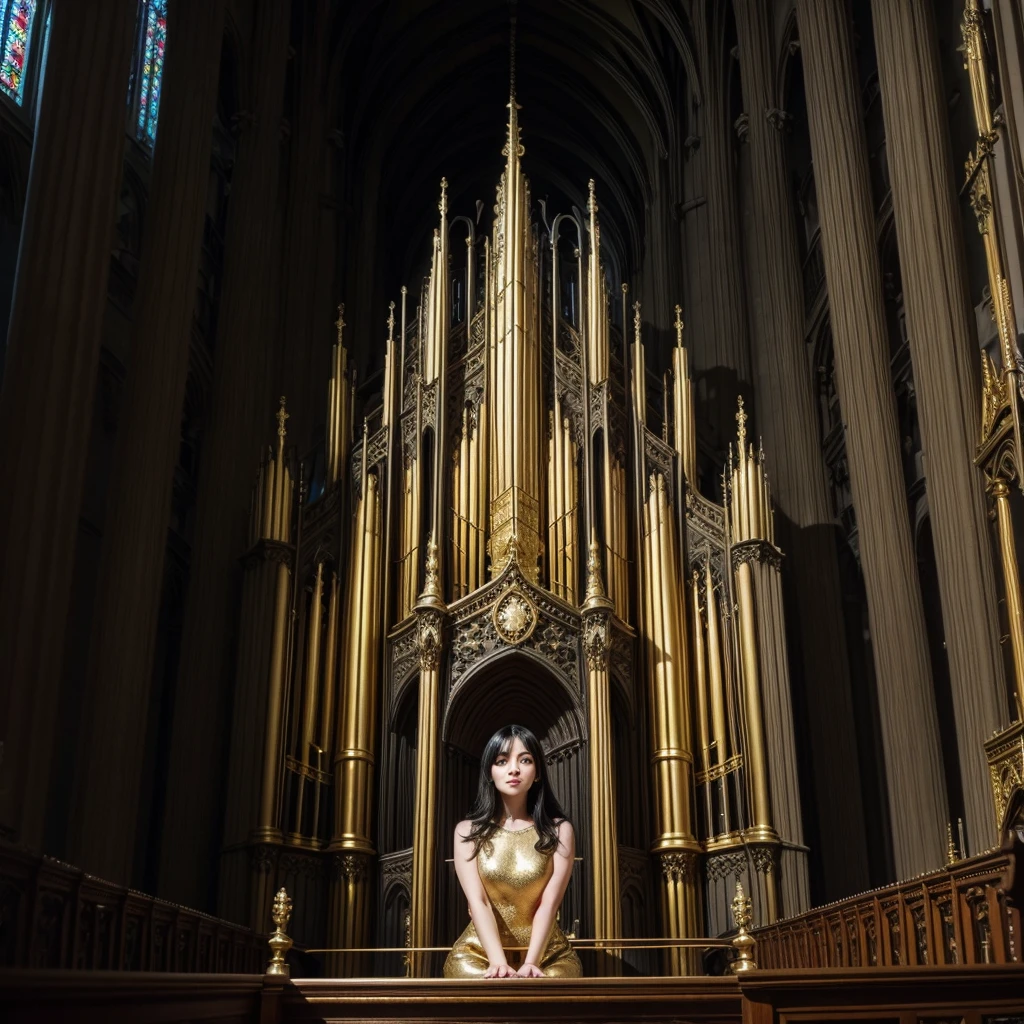 a woman with black hair and a gold dress playing an organ in a cathedral