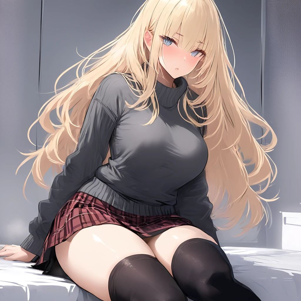 Masterpiece, Very detailed, Ultra-detailed, one beautiful woman, Beautiful woman - pleasant skin, Long blonde hair and bangs on the sides, bright eyes, gray knit sweater, black thigh socks, skirt