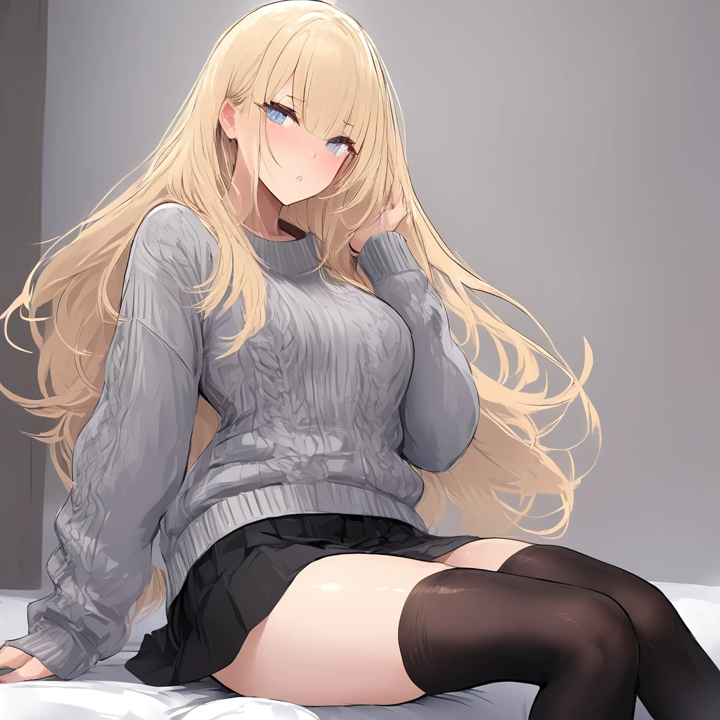 Masterpiece, Very detailed, Ultra-detailed, one beautiful woman, Beautiful woman - pleasant skin, Long blonde hair and bangs on the sides, bright eyes, gray knit sweater, black thigh socks, skirt