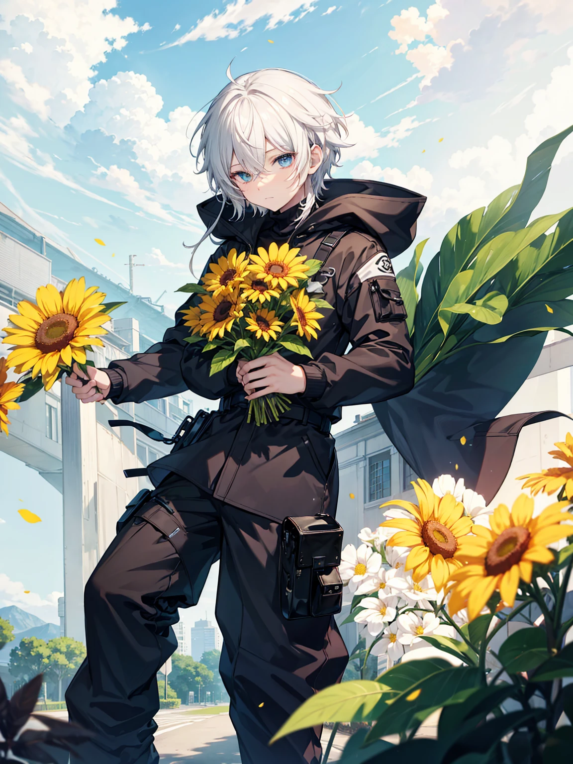 anime boy, {best quality}, {{masterpiece}}, {highres}, extremely detailed boy, solo, sharp focus,{{{{{{flower shop}}}}}}, {{cinematiclighting}}, {{{character{{{1 boy}}}}}}, solo, puffy black hoodie, loose high-neck, turtle-neck, ziper from the neck to the chest, black cargo pants with white details, standing 1/3 view, bored neutral face, closed mouth, beautiful detailed eyes, heterochromia, {white eye} on left, black eye on right, jewel-like eyes, {{{{{{{{empty eyes}}}}}}}, {{{{{sharp focus}}}}}, {{{{{masterpiece illustration}}}}}, {{{{medium shot}}}}, shiny hair, {{{{{{{{{{{{{medium hair}}}}}}}}}}}}}, {{{{{{{{{two-tone hair}}}}}}}}}, white hair: 50 right, blackhair: 50 left, hair between eyes, yin and yang, genshin impact, {{{{{{cloudy}}}}}}, Black-eyed Susan flower field, {{cloud}}, camera angle from the side, sideway camera angle, anime boy, man, male