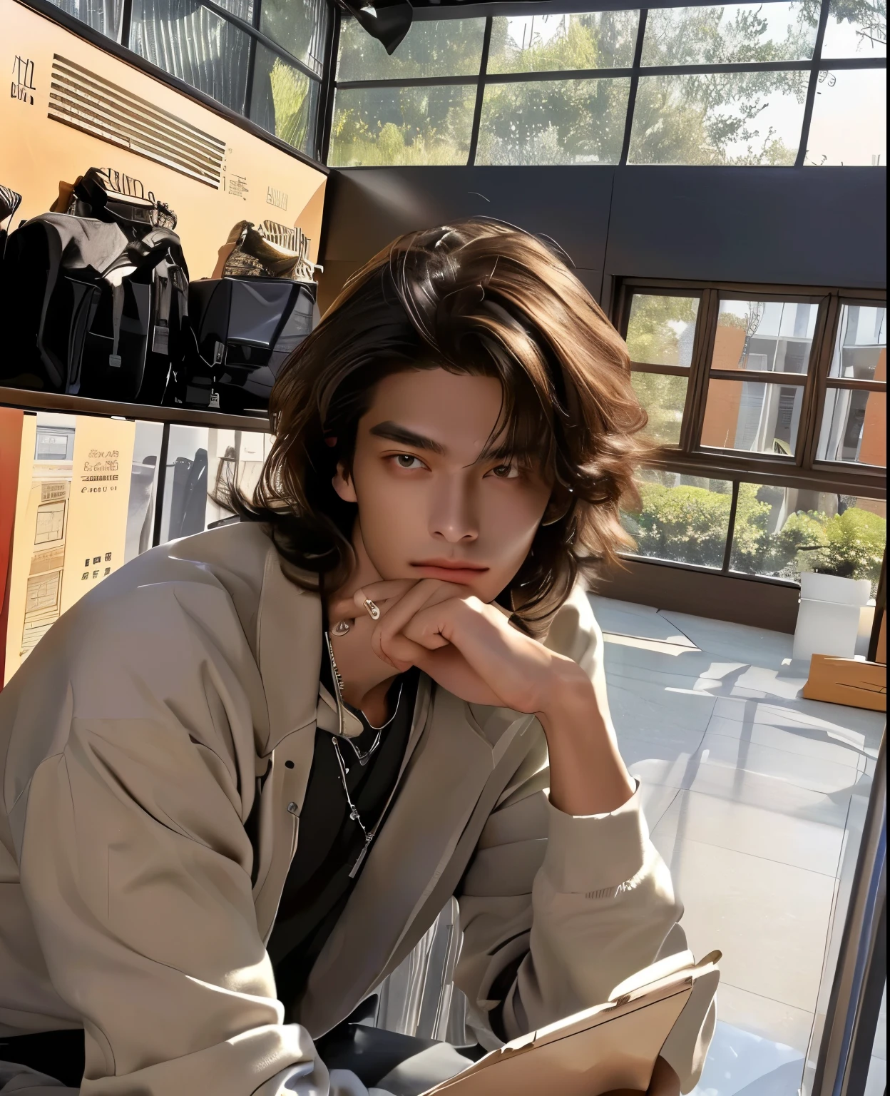 masterpiece, high resolution, smart man, photos realistic, bright lighting, professional Lighting, Detailed, Ultra-detailed, Perfect dynamic composition,1man, smart detailed eyes, Detailed eyes, tan skin, detailed skin, hips up, shoulder length hair, jewellery, streetwear, 30 years old, necklace,