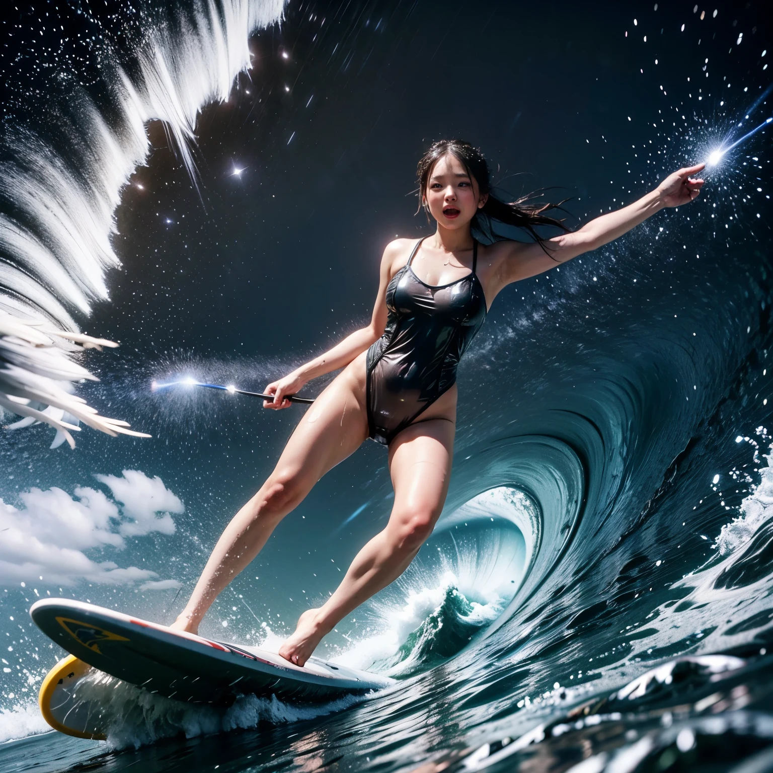 (ZoomedOut:1.28, Wide-shot) ZoomLayer (Epic photo of surfer magazine:1.37). (Full of Water, Everything Wetted:1.4) WetHair (extremely detailed Cute Girl in RED)(SparklingHighlights:1.28), Dynamic Joyful Expressions LifeLike Rendering (ManoErina:1.0) . Overflowing Gigantic Sideboob (Clearly Visible Beautiful Breast to Buttocks Line) Tiny and Roundly Butt, Detailed wet clothing texture, (Sloppy Surfboard:-1.2) Riding on waves, Sparkling water, TyndallEffect(Starry Water Particles:1.32), Whole Body proportions and all limbs are anatomically accurate