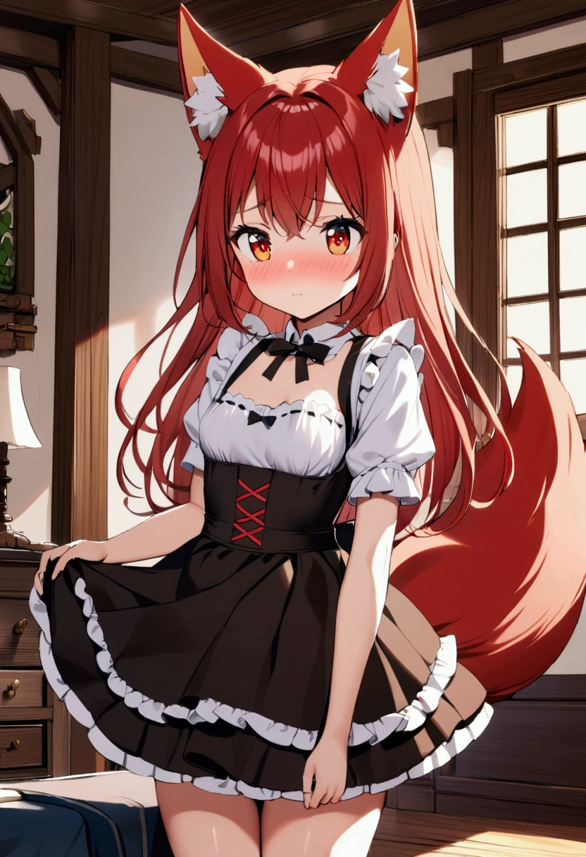 1girl with long red hair, amber eyes, fox ears, fox tail,maid uniform with shirt skirt and deep decolletage,small breasts, blush shy face, bedroom, indoors, fantasy world house