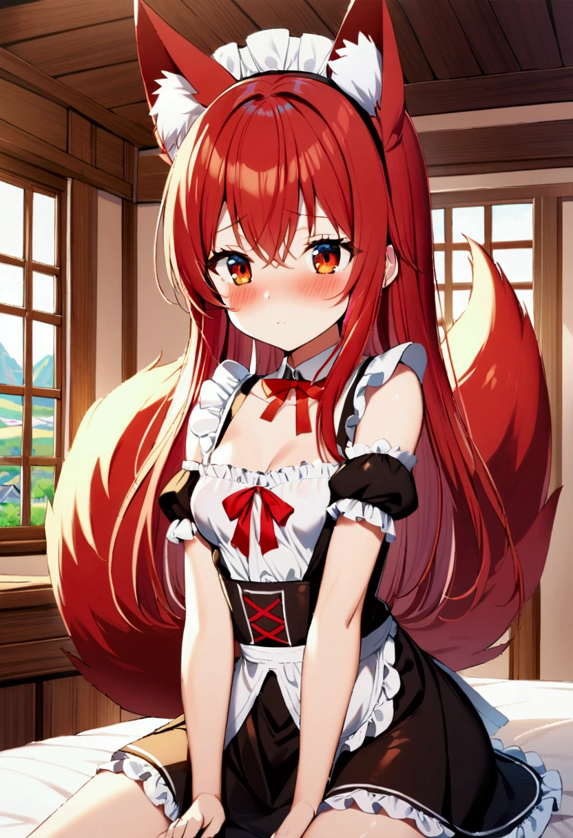 1girl with long red hair, amber eyes, fox  ears, fox tail,maid uniform with shirt skirt and deep decolletage,small breasts, blush shy face, bedroom, indoors, fantasy world house