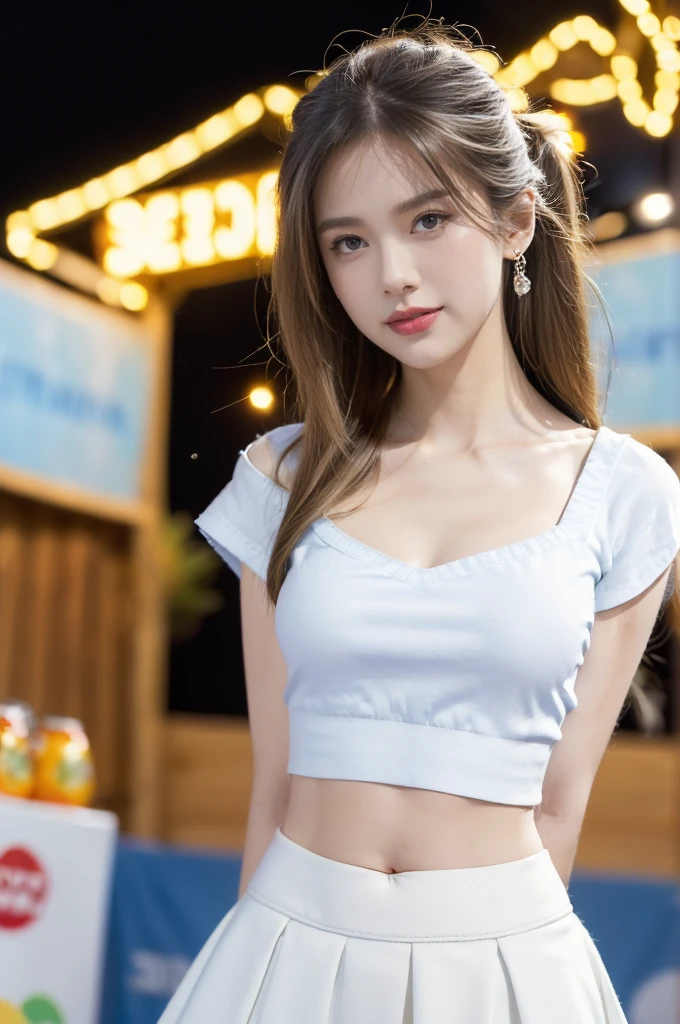 (((best quality))),(((ultra detailed))),(((masterpiece))),illustration,((a beautiful girl,solo)),(shoulder length straight hair:1.2),((slim,thin)),((small breasts,flat chest,cleavage,navel)),(blue short-sleeved white shirt:1.5),(blue mini-skirt:1.3),(slender legs:1.2),(sneakers:1.3),(standing:1.3),(arms behind back:1.3),(on the stage:1.3),((outside a shopping mall, at the entrance of a beer promotional event)),((surrounded by crowded crowds)),expressive eyes,infectious smile,the stage adorned with colorful decorations,vibrant atmosphere,(night scene:1.3),(from front:1.3),(upper body:1.3),