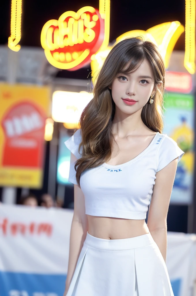 (((best quality))),(((ultra detailed))),(((masterpiece))),illustration,((a beautiful girl,solo)),(shoulder length straight hair:1.2),((slim,thin)),((small breasts,flat chest,cleavage,navel)),(blue short-sleeved white shirt:1.5),(blue mini-skirt:1.3),(slender legs:1.2),(sneakers:1.3),(standing:1.3),(arms behind back:1.3),(on the stage:1.3),((outside a shopping mall, at the entrance of a beer promotional event)),((surrounded by crowded crowds)),expressive eyes,infectious smile,the stage adorned with colorful decorations,vibrant atmosphere,(night scene:1.3),(from front:1.3),(upper body:1.3),