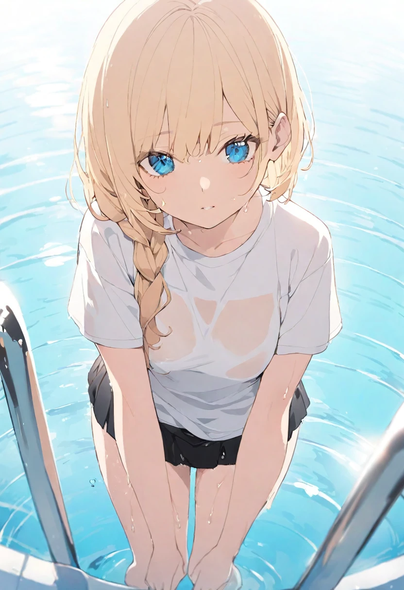 Blonde young woman (length to shoulder), Blue eyes and big . She is wearing a white T-shirt, Crew Neck, Long and short sleeves, none, She also wore a monochrome black cotton mini skirt. She climbed out of the swimming pool, Wet. The T-shirt clings to her body,A bit transparent. whole body, Wide-angle shooting.