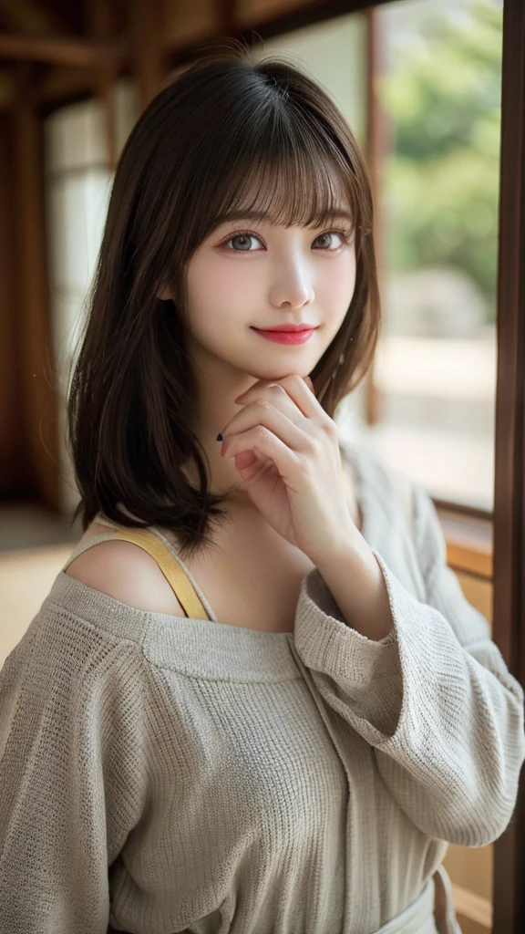 (最high quality:1.3)、Neat clothes、Waist-down angle、(Real:1.5)、(1 person:1.5)、Very detailed、high quality、High resolution、8k wallpaper、Perfect dynamic composition、Mid-chest、Natural color lips、Cute Smile、Japanese women、、Beautiful and exquisiteな顔、Perfect and beautiful face、Beautiful and exquisite、Big eyes、Brunette's eyes、Beautiful and exquisiteな顔、Perfect and beautiful double eyelids、Natural Bangs、Beautiful and thin nose、Beautiful Skin、Black natural hair、Long Hair、Natural Bangs、Perfect and beautiful face、Slim face and figure、(looking at the camera)、Bright lighting、Professional Lighting、Shoulder-length layers、Asymmetrical bangs、Japanese Idols、Sophisticated