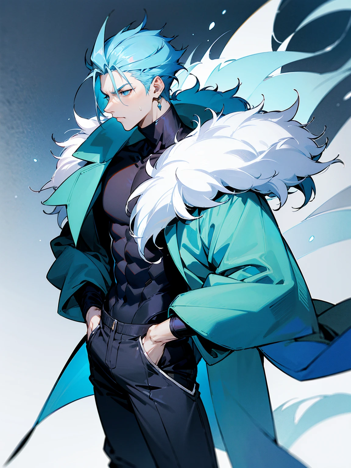 1male, adult, sky blue hair, Vergil hair, fur coat, black sweatpants, tired expression, lean build, hands in pocket