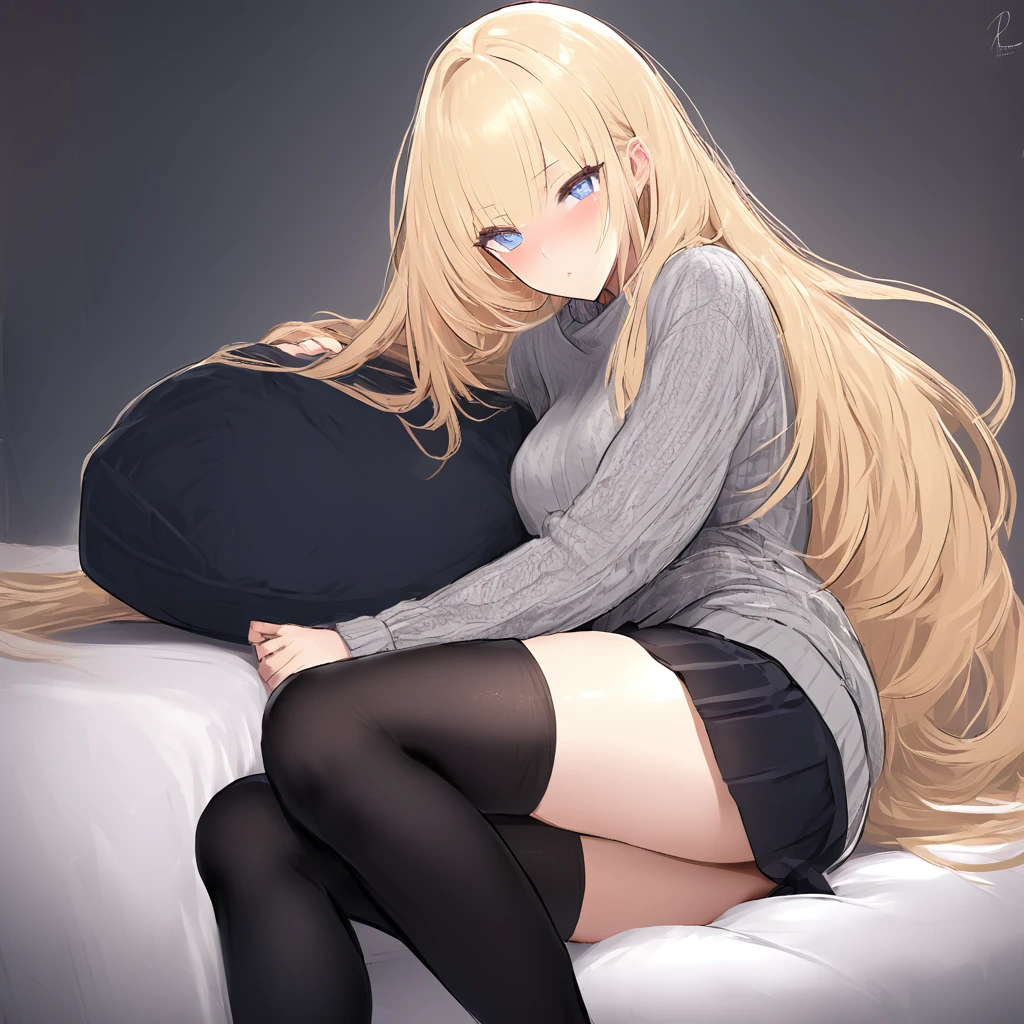 Masterpiece, Very detailed, Ultra-detailed, one beautiful woman, Beautiful woman - pleasant skin, Long blonde hair and bangs on the sides, bright eyes, gray knit sweater, black thigh socks, skirt