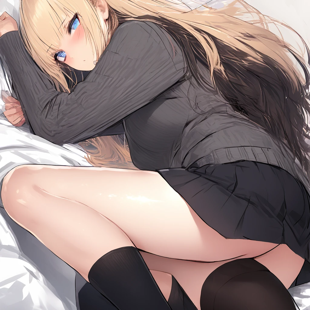 Masterpiece, Very detailed, Ultra-detailed, one beautiful woman, Beautiful woman - pleasant skin, Long blonde hair and bangs on the sides, bright eyes, gray knit sweater, black thigh socks, skirt