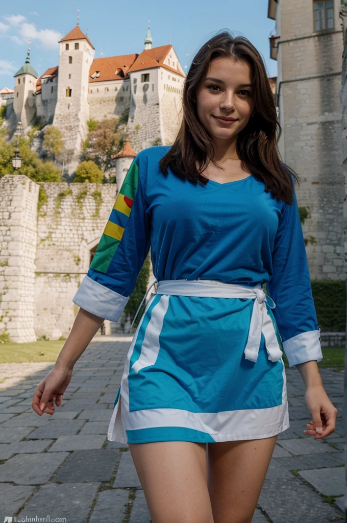 slovenia flag, lovely woman, ((to Ljubjana)), smirk, robe traditional, ((in front of Ljubjana Castle)), pretty face
