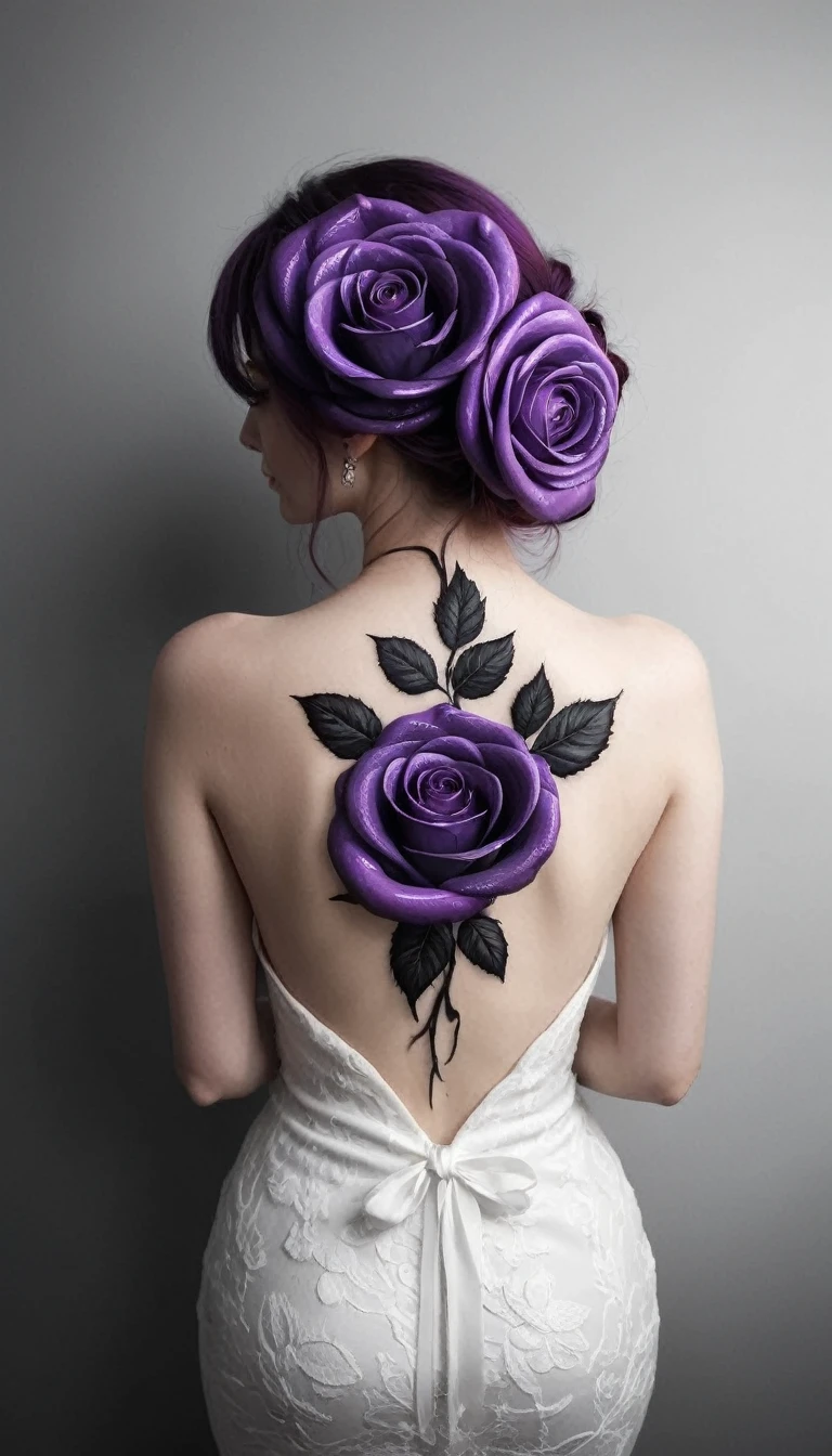 arafé, Dark art fantastique, art fantastique, art gothique, a drawing of a minimalist tattoo on le back of a sublime women, un tatouage brillant d’une Artflwr ((rose blanche: 1.3)) on the woman's back, le ((Tatouage de roses)) est vif avec un effet 3D sortant de son dos, intricate detailed coming to life from le ink to real life, GlowingRunesAI_violet, shoot taken from le back, ((le back is visible: 1.3), le dress is elegant, écoulement, that le tattoos glow, couleur de cheveux faize dynamique, coiffure dynamique, intéresser, peinture numérique