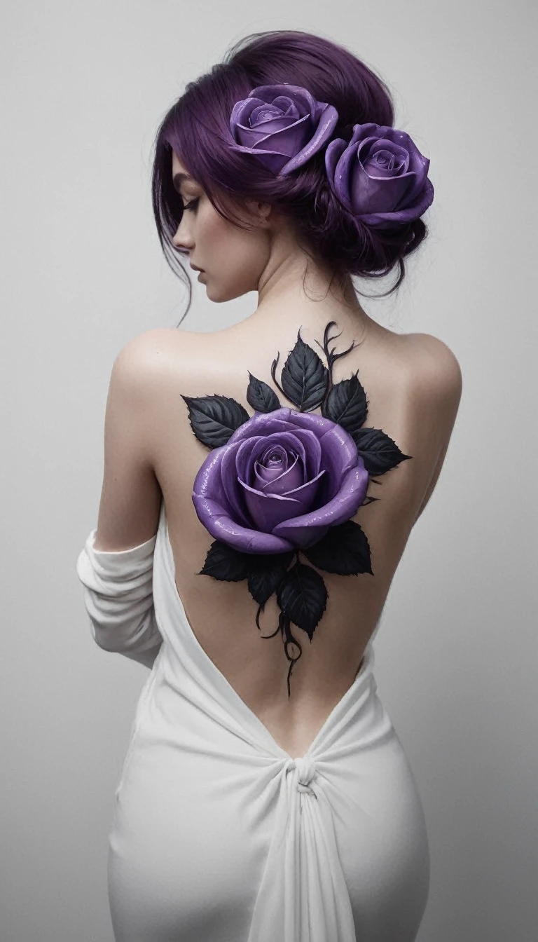 arafé, Dark art fantastique, art fantastique, art gothique, a drawing of a minimalist tattoo on le back of a sublime women, un tatouage brillant d’une Artflwr ((rose blanche: 1.3)) on the woman's back, le ((Tatouage de roses)) est vif avec un effet 3D sortant de son dos, intricate detailed coming to life from le ink to real life, GlowingRunesAI_violet, shoot taken from le back, ((le back is visible: 1.3), le dress is elegant, écoulement, that le tattoos glow, couleur de cheveux faize dynamique, coiffure dynamique, intéresser, peinture numérique