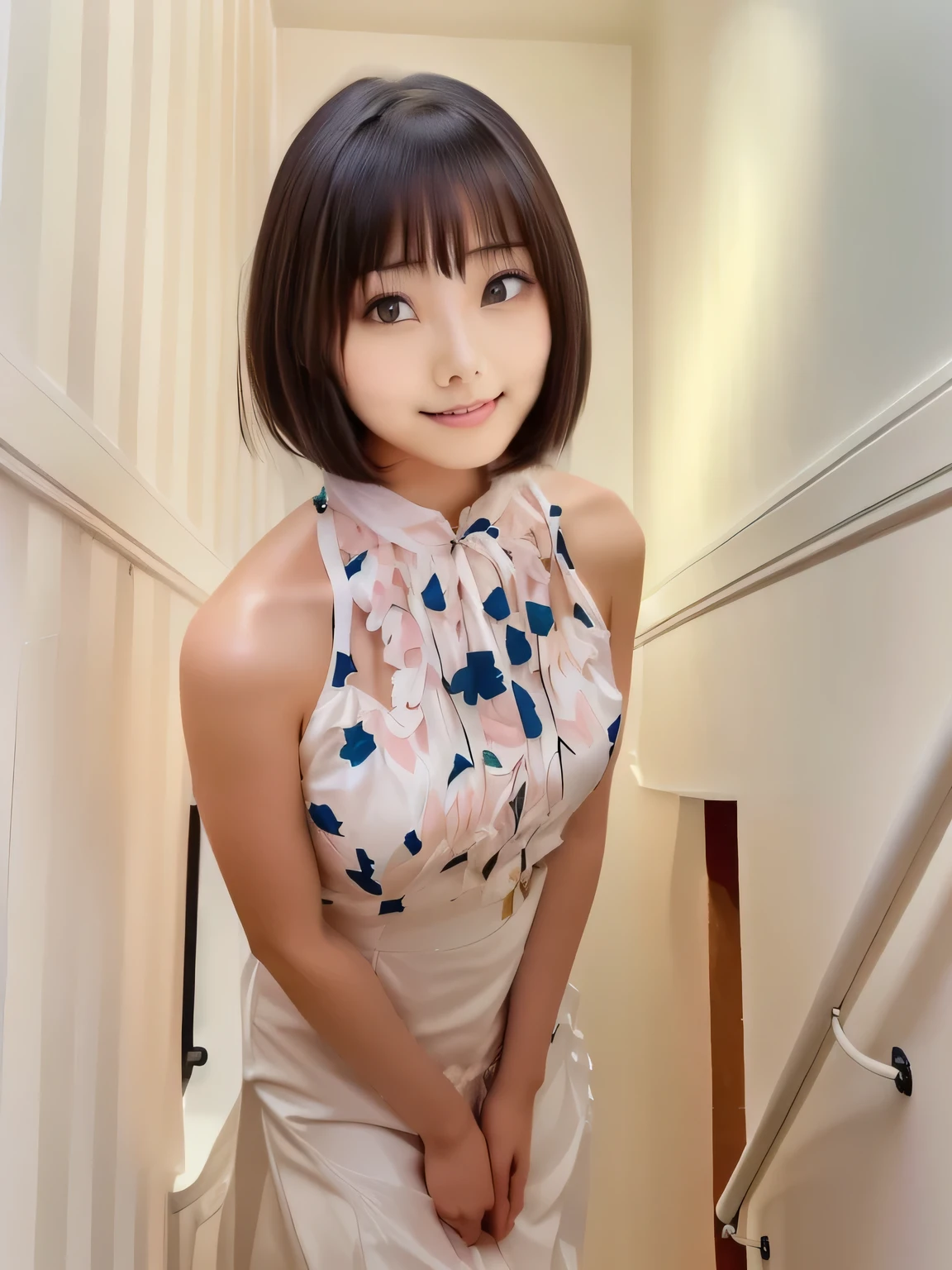 There is a woman standing on the stairs, Long black hair, Real young gravure idol, Young Japanese girl, Chiho, Shot with Canon EOS 5D, Hime cut hairstyle, Shot with Canon EOS R 6, Face that faithfully reproduces the face of LoRA, High resolution, Very detailed, Natural Bangs, highest quality