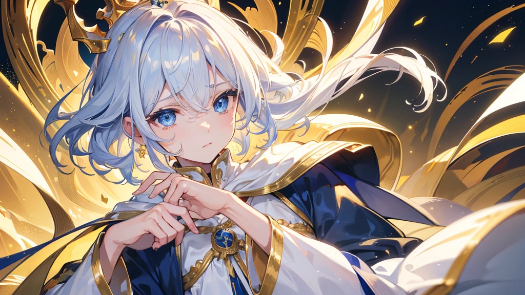 (Highest quality)　(4K)　(8k)　(High resolution)　(masterpiece:1.2)　(Super detailed)　One boy　short hair　Wizard　Blue Eyes　Long sleeve　Golden decoration　Hair between the eyes　White Dress　Wavy golden hair　Upper Body　(large crown)　(White Background)　profile　Face close-up　Are crying