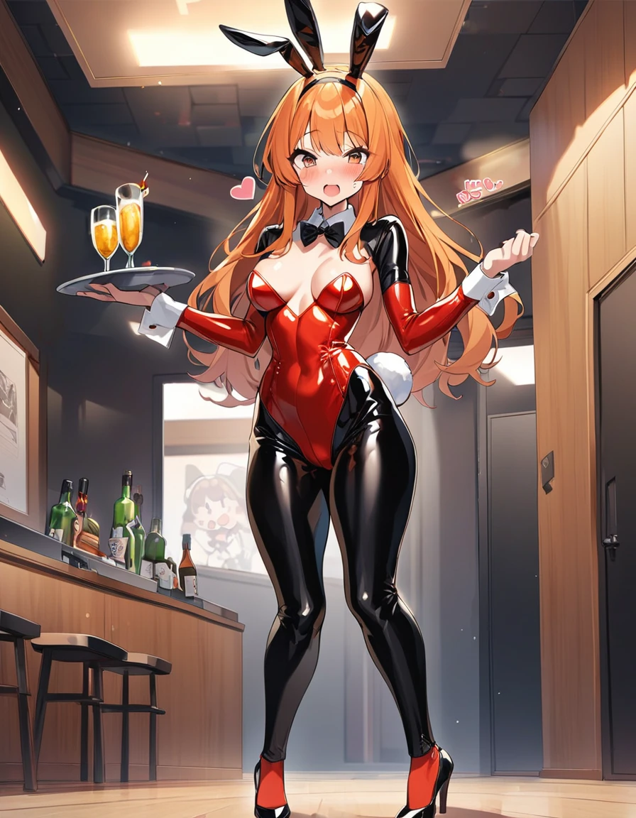 score_9, score_8_superior, sauce_anime, Highest quality, , Long Hair, large chest, Are standing, View your viewers, , Red clothes, indoor, Low - Angle, squat, Put your arms behind your head, blush, from the front, chestの谷間　we (one piece), One girl, High heels, Even attracting, Cup, Reverse Bunny Suit, Orange Hair, Reverse costume, paste, alone, , chest, Animal ears, Bunny ears, bow, csuperior, bowtie, tail, tray, belly button, heart paste, rabbit tail, Long Hair, Open your mouth, fake Animal ears, whole body,,Reverse Bunny Suit, maebari, paste, ((((Reverse Bunny Suit))))Bare waist,
