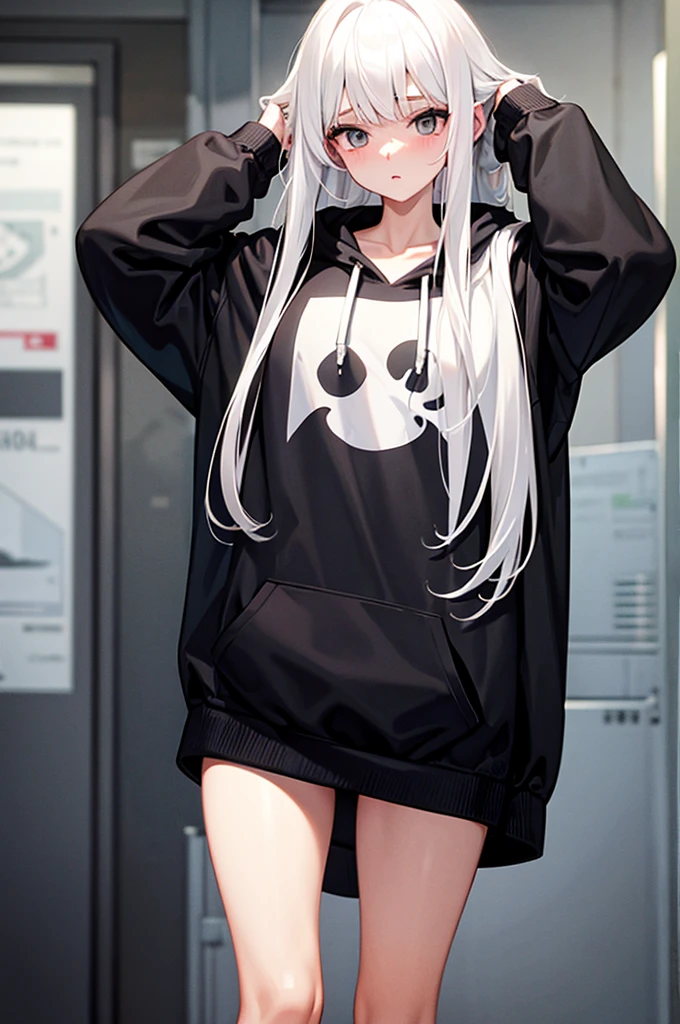 white hair girl unwear underwear with big black hoodie