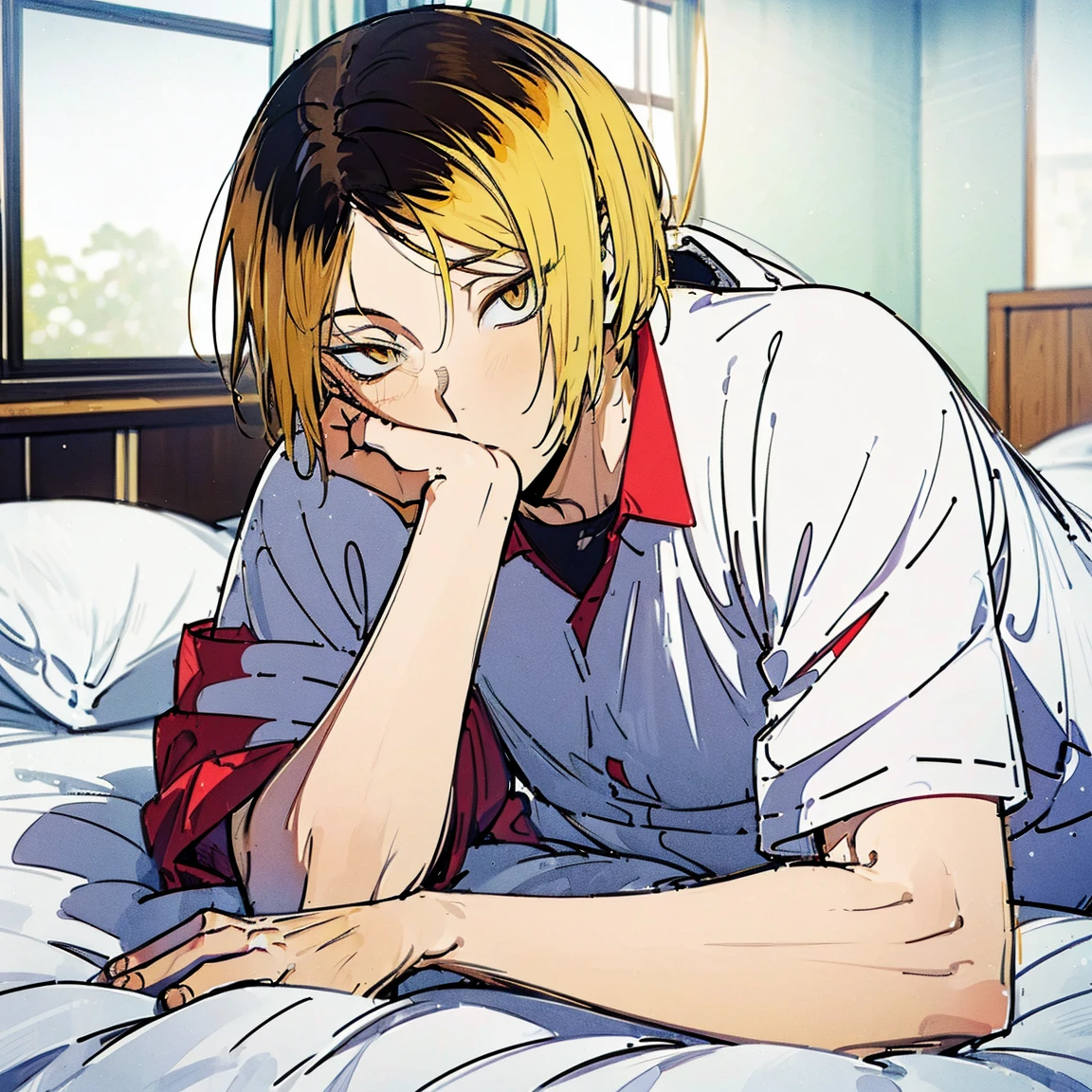 
(hutaodef:1.2),in with h ,white 背，
Kenma Kozume，Lazy，Dark circles，Comfort，laid back，，one person，Lying in bed，Lying position