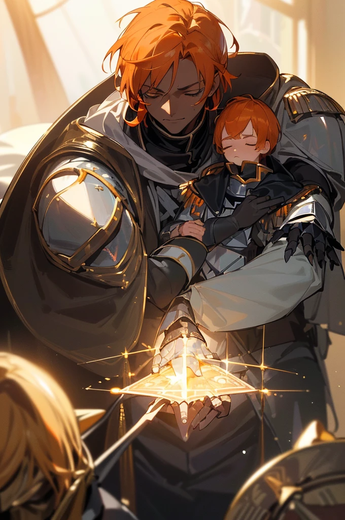 {masterpiece, distinct_image, extremely detailed CG, (extremely detailed fine touch:1.2),beautiful eyes and detailed face, (white_light, light rays, dappled light, ray tracing:1.2), photo realistic, 4k, 8k, high_resolution, anime style boy, (perfect_finger:1.5), (beautiful_detailed_eyes:1.3), glitter, white_light, (glow_black_face, front_light:1.3),{1boy, face_focus, looking for_in_viewer, cowboy_shot, standing},{adult,muscular, (knight uniform, epaulettes, black skin:1.7),(orange hair, dandy-cut, closed eyes, slicked-back hair:1.3), smiling face}