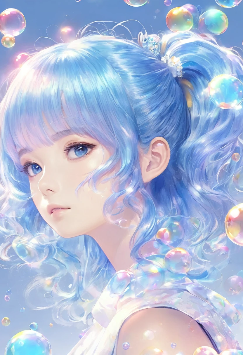 (masterpiece), (best quality), (Very detailed),(Messy hair),(illustration), (1 girl), (Fashion), Everlasting, fashion model, Looking at the audience, (interview), (Simple background),Beautiful and delicate eyes, Delicate and beautiful face, floating,(High Saturation),(Colorful splash),Colored bubbles,(shining), Focus on the face, Ponytail, Ayaka Uezu, Light blue hair, Bangs, Hair ring, floating花朵, floating hair, (shining), Optimal lighting, Best shadow,