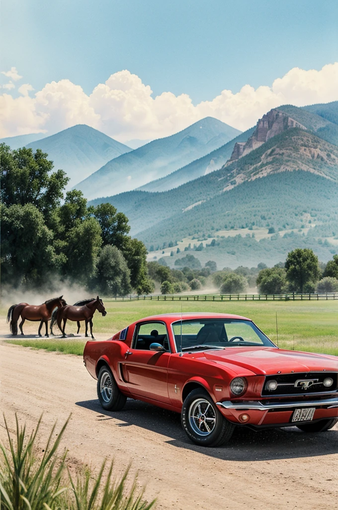 Generate a watercolor painting for vintage mustang and horses behind it in bg