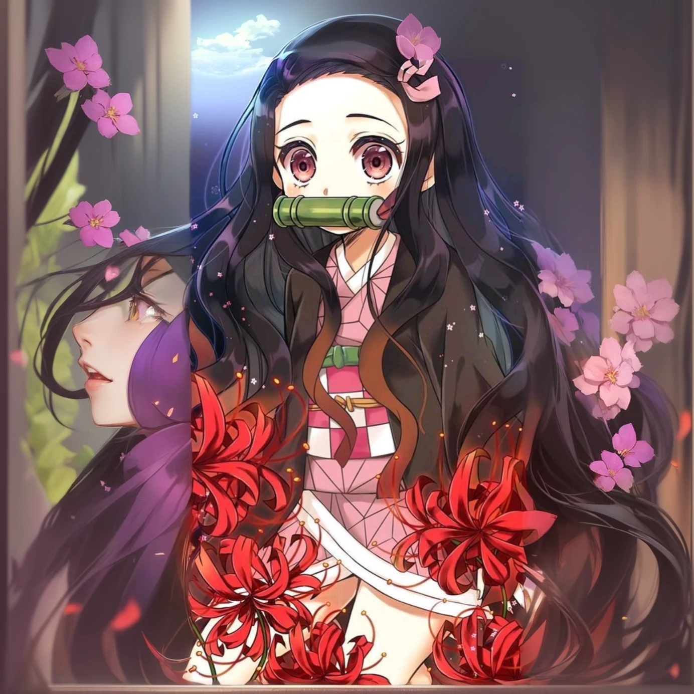 Anime girl with long black hair and a pink dress holding a green object、Nezukoちゃん、Nezuko、Cute girl anime visuals、女性Anime characters、Long Hair Anime Girl、Demon Slayer Louis fan art、Anime characters、Shushu anime images、kimono、Harumi、Flowing hair and long robes、Purple Flower、