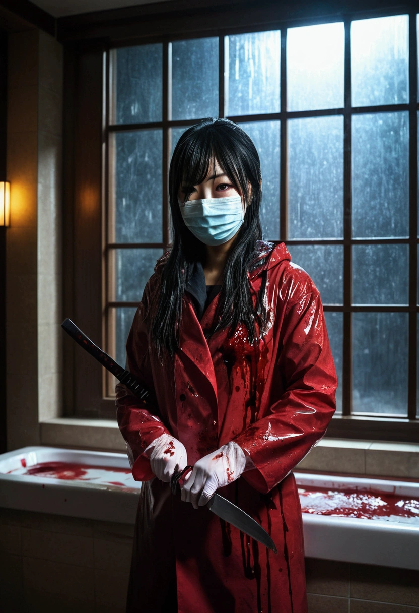 korean girl, (behind corpse, surgical mask), blood splatter, holding knife, stabbing, gloves, bath full of blood, transparent raincoat, hood up, holding knife, gloves, behind corpse, long bangs, night, mass murderer, robbery, in the hotel, dark atmosphere, cinematic lighting, atmospheric realistic, light from the window