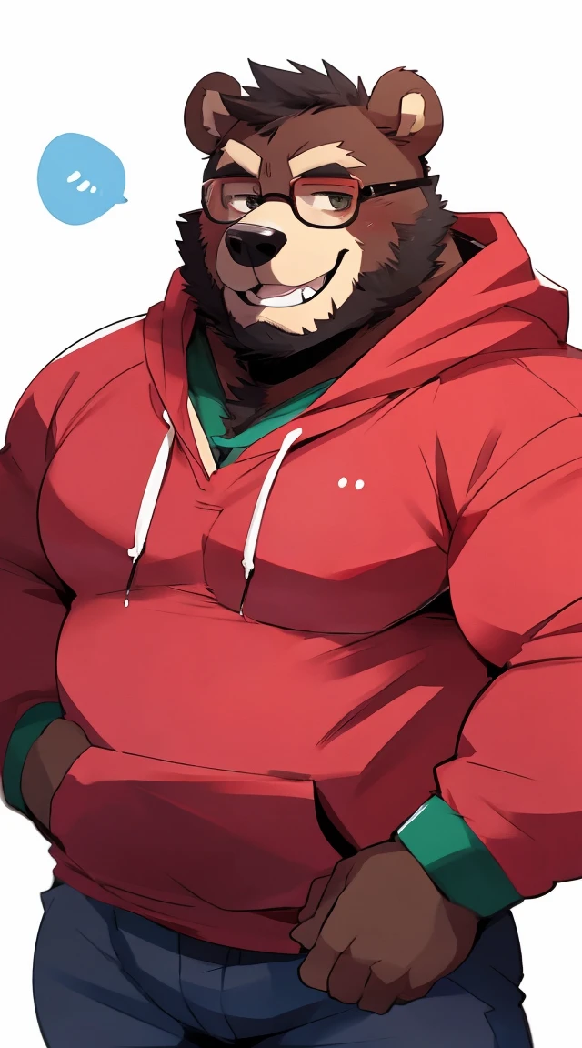 Chubby, furry,male , anthro bear, very plump, middle aged  , pushed to the side hair ,Thick beard, seductive  , detailed , half body, wearing cute color block hoodie, extremely hot and sexy, cute, by hyaku ,by darkgem, by glitter trap boy, wearing circular glasses, wearing pink shirt, cute smile, full set of teeth, sweet smile, by jumperbear, cute circular glasses, perfect teeth, sleeved hoodie, perfect hands, five fingers