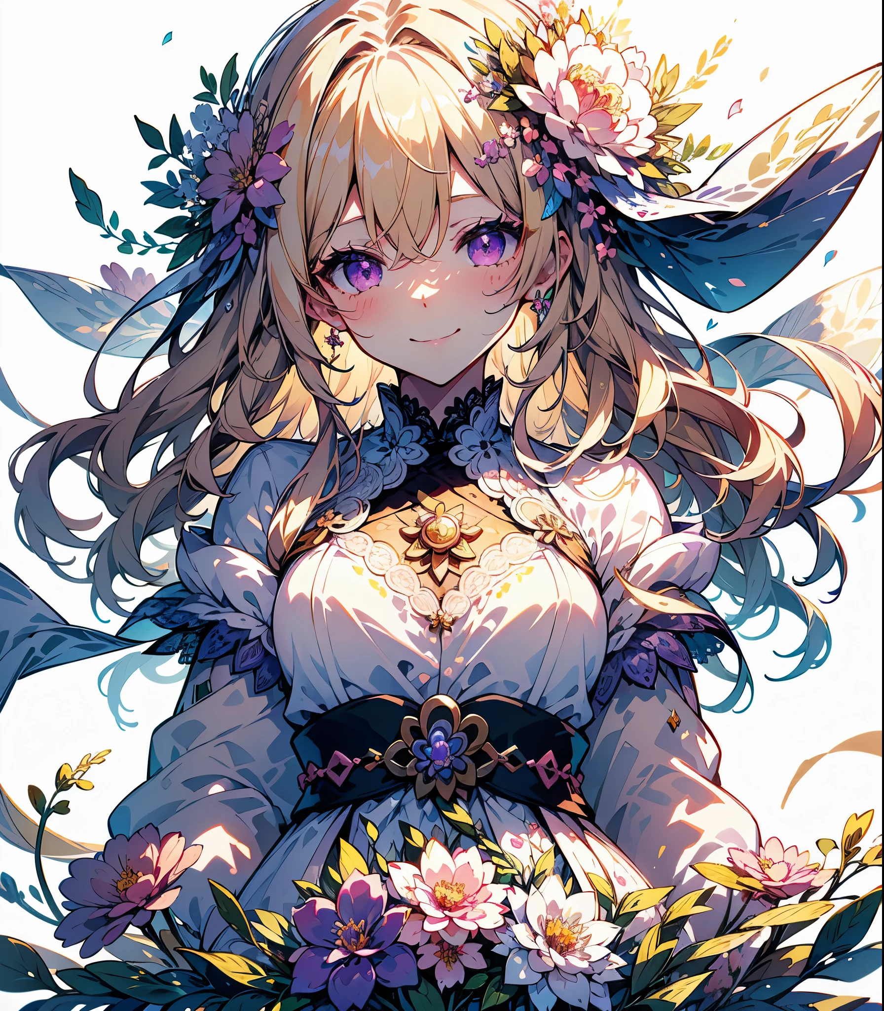 (Highest quality, masterpiece, Very detailedな, Very detailed, Exquisite, 16K,Full HD),(White Background:1.5),A little closer,Dramatic lighting,pastel colour,smile,(seems to be happy)grab the hem of the dress,sun light,grassland,zero(Floating in the air),Soft lighting, ((alone:1.5)),(晴れ渡ったzero,青zero,rainbow,sun,午前のzero,sunny),Gentle breeze,Magical Forest,flower,wood,Flower Field,Leaves and petals fluttering,From above,((head shot)),Flowers filling the screen,(Fairy Princess, Purple eyes, Long eyelashes,White skin,slim,pale pink plump lips,Pale pink cheeks, The wind is blowing,(Medium Hair,Wavy Hair,bionde),thin and long,(thin and high nose,Small Nose),(From above her waist, a giant fairy wing:1.5),Reflected by the sun's light,The magic of the sun,flower tiara,Diamond Earrings,Diamond Choker,(Narrow waist,Fluffy white ball gown dress, Lace and frills),(smile:1.2), (Fantasy, Romantic atmosphere),