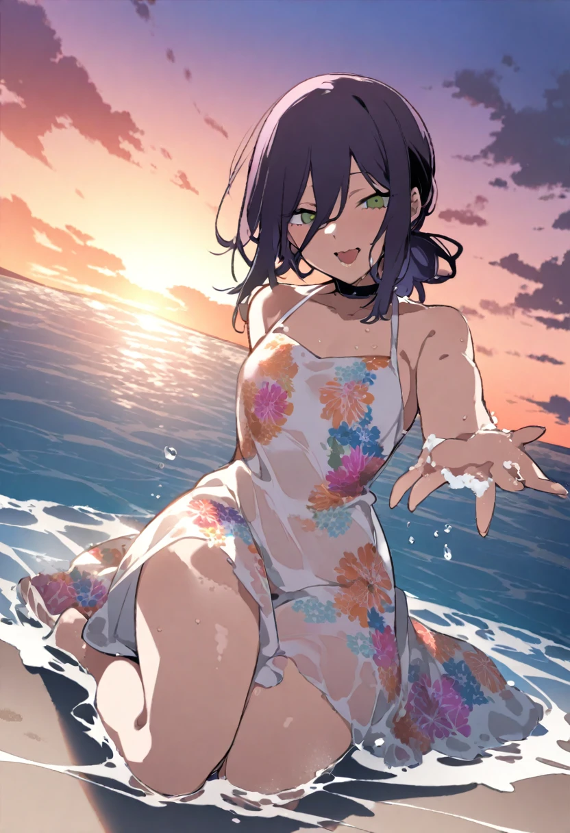 1girl, reze (chainsaw man), chainsaw man, warm colors, sunset beach, summer dress, flower pattern dress, sheer dress, masterpiece, best quality, absurdres, sitting in the water,stretching legs,soaked full body, see through nipples,see through pubic hair,water droplets on dress, playful pose, ocean foam, golden hour lighting, carefree atmosphere, beach sand, colorful sky