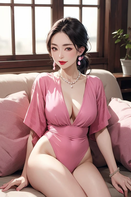 Beautiful mature Japanese woman aged 55, Married women, Long eyelashes, Low Ponytail, Red lipstick, Pink Cheeks, Pearl Necklace, Earrings, Dark eyeshadow, Black high-leg swimsuit, Sit on the sofa, pussy, nsfw