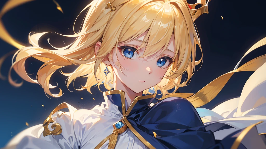 (Highest quality) (4K) (8k) (High resolution) (masterpiece:1.2) (Super detailed) One boy short hair Wizard Blue Eyes Long sleeve Golden decoration Hair between the eyes White Dress (Wavy golden hair) Upper Body (large crown) (White Background) profile Face close-up Are crying