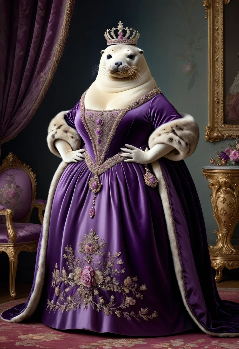 photorealistic portrait of Dressed animals - a ((fat)) (seal) princess, (furry),(full body image:1.5),(elegant pose:1.5) Wearing luxury sack-back gown,(wearing luxury tiara),(hands on hips:1.5), Old-fashioned luxury  loyal  purple dress, detailed and opulent description of a loyal aristocratic sack-back gown in Rococo , emphasizing luxurious fabrics, intricate embroidery, and ornate accessories, Rococo style king palace  background,(looking at viewer:1.5),score_9, score_8_up, score_7_up, score_6_up, score_5_up, score_4_up,