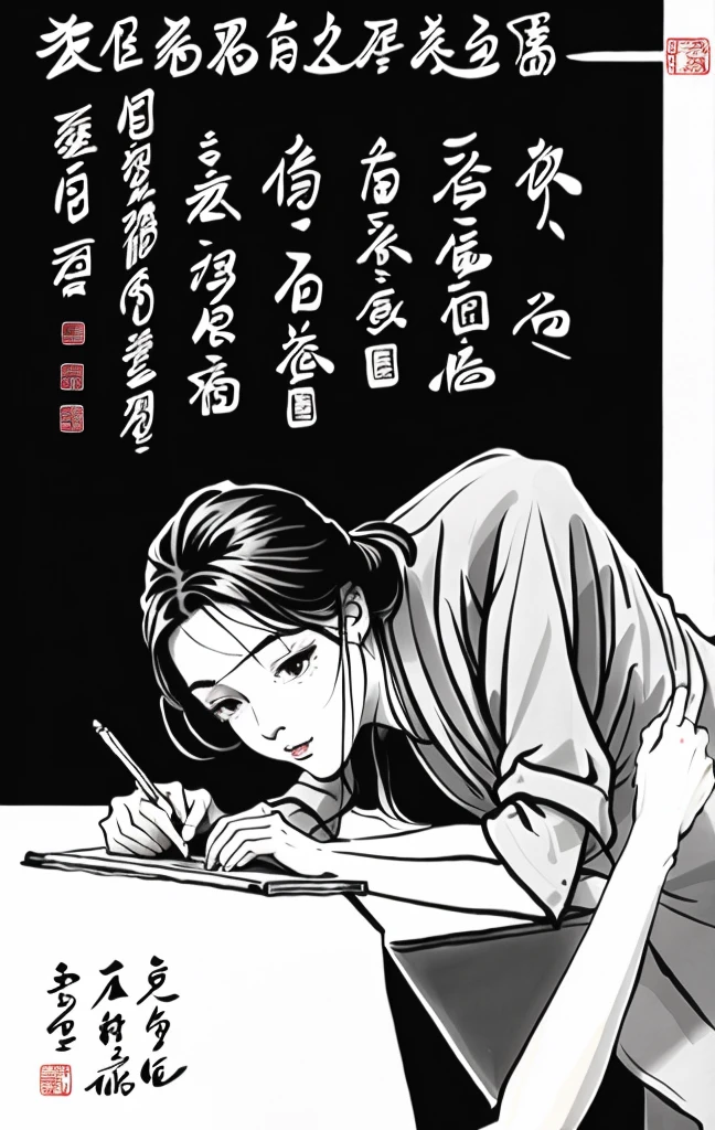 Illustration of a woman writing in Chinese characters on a blackboard, Teachers Teachers, Artistic cover, cover shot, School teacher