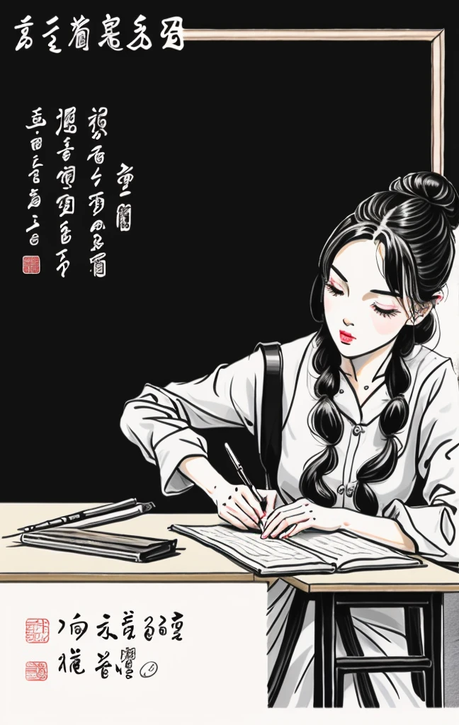 Illustration of a woman writing in Chinese characters on a blackboard, Teachers Teachers, Artistic cover, cover shot, School teacher