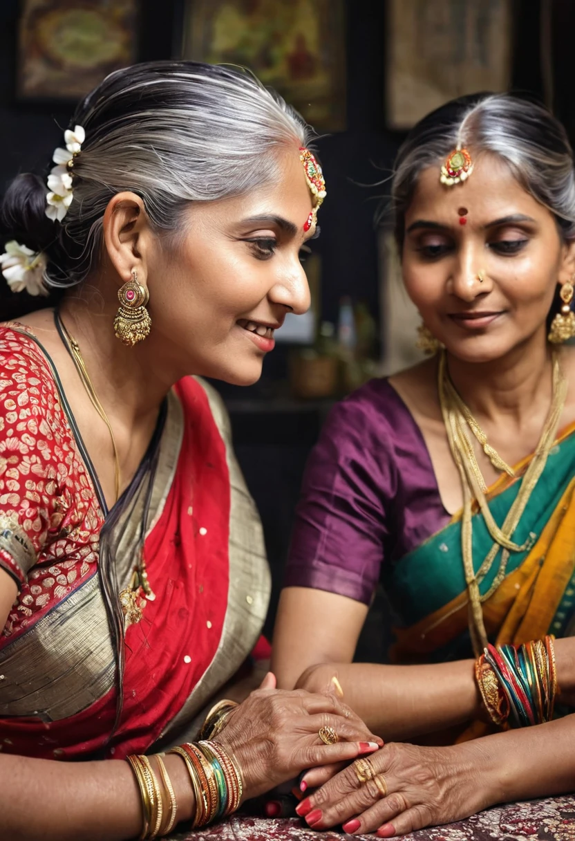 Two elderly Indian women, around 65 years old, sit atop a table in a bridge pose im thier luxery office,Reveal thier vaginas to each other with raised up their sarees by hand,They are dressed in sari,have beautiful brown skin. Their silver hair, long enough to reach their tailbones, is meticulously French braided. An excessive amount of hair oil, thick and glistening like molasses, has been applied to their braids, making them appear sculpted and heavy. The oil even drips down their scalps, which gleam like freshly oiled pans when revealed through the partings in their hair. Despite the oil, the women exude elegance and grace. They are adorned with intricate silver handicrafts as jewelry, and their off-shoulder clothing offers a glimpse of their golden chests. The overall image is one of captivating beauty that transcends age.