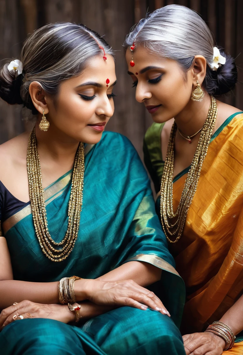 Two elderly Indian women, around 65 years old, sit atop a table in a bridge pose im thier luxery office,Reveal thier vaginas to each other with raised up their sarees by hand,They are dressed in sari,have beautiful brown skin. Their silver hair, long enough to reach their tailbones, is meticulously French braided. An excessive amount of hair oil, thick and glistening like molasses, has been applied to their braids, making them appear sculpted and heavy. The oil even drips down their scalps, which gleam like freshly oiled pans when revealed through the partings in their hair. Despite the oil, the women exude elegance and grace. They are adorned with intricate silver handicrafts as jewelry, and their off-shoulder clothing offers a glimpse of their golden chests. The overall image is one of captivating beauty that transcends age.