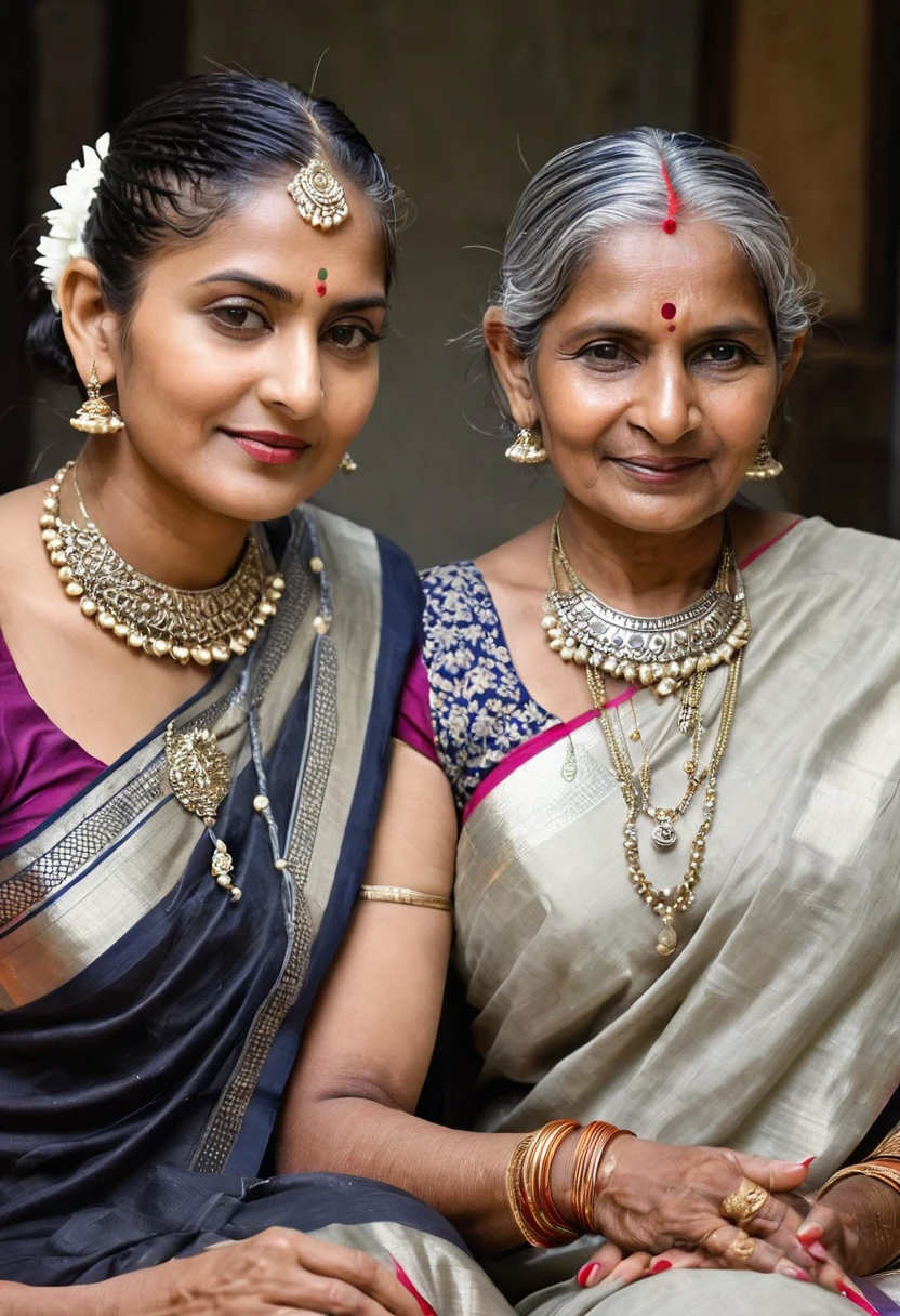 Two elderly Indian women, around 65 years old, sit atop a table in a bridge pose im thier luxery office,Reveal thier vaginas to each other with raised up their sarees by hand,They are dressed in sari,have beautiful brown skin. Their silver hair, long enough to reach their tailbones, is meticulously French braided. An excessive amount of hair oil, thick and glistening like molasses, has been applied to their braids, making them appear sculpted and heavy. The oil even drips down their scalps, which gleam like freshly oiled pans when revealed through the partings in their hair. Despite the oil, the women exude elegance and grace. They are adorned with intricate silver handicrafts as jewelry, and their off-shoulder clothing offers a glimpse of their golden chests. The overall image is one of captivating beauty that transcends age.