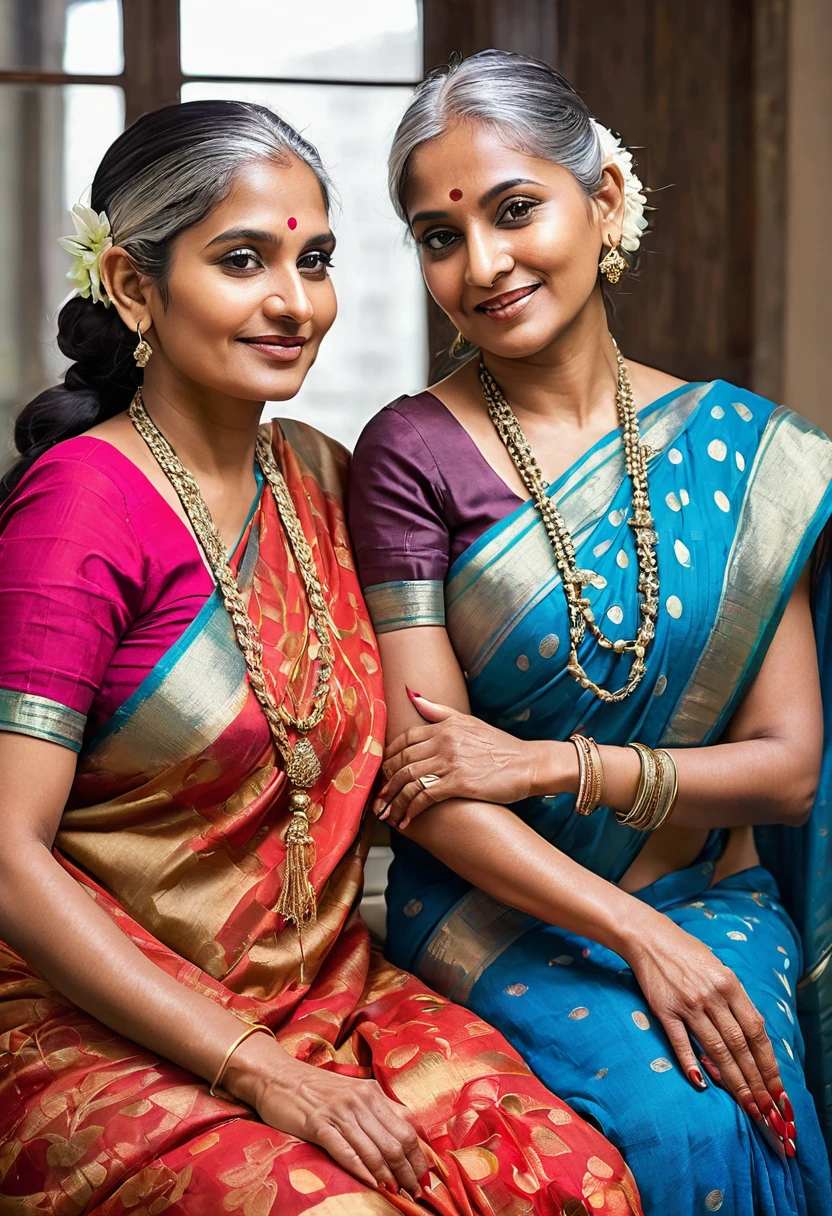 Two elderly Indian women, around 65 years old, sit atop a table in a bridge pose im thier luxery office,Reveal thier vaginas to each other with raised up their sarees by hand,They are dressed in sari,have beautiful brown skin. Their silver hair, long enough to reach their tailbones, is meticulously French braided. An excessive amount of hair oil, thick and glistening like molasses, has been applied to their braids, making them appear sculpted and heavy. The oil even drips down their scalps, which gleam like freshly oiled pans when revealed through the partings in their hair. Despite the oil, the women exude elegance and grace. They are adorned with intricate silver handicrafts as jewelry, and their off-shoulder clothing offers a glimpse of their golden chests. The overall image is one of captivating beauty that transcends age.