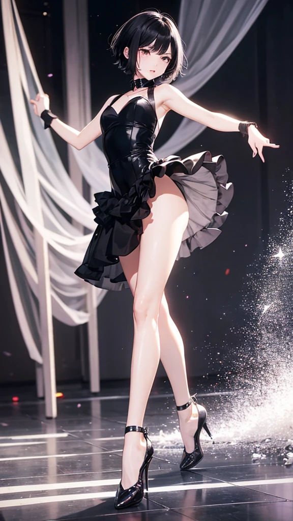 Short hair girl,Black hair,Dark high heels,Painful expression,Dance ballet