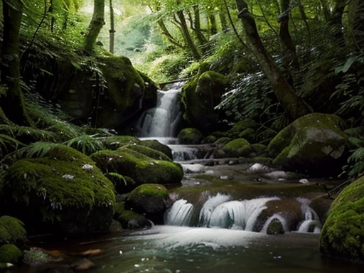 Generate an image of a tranquil forest stream with clear water flowing over moss-covered rocks, surrounded by lush green foliage. The scene should capture the serene and calming atmosphere of nature, with dappled sunlight filtering through the tree canopy above. i want a bright ambiance, make the focal point is following the golden mean grid