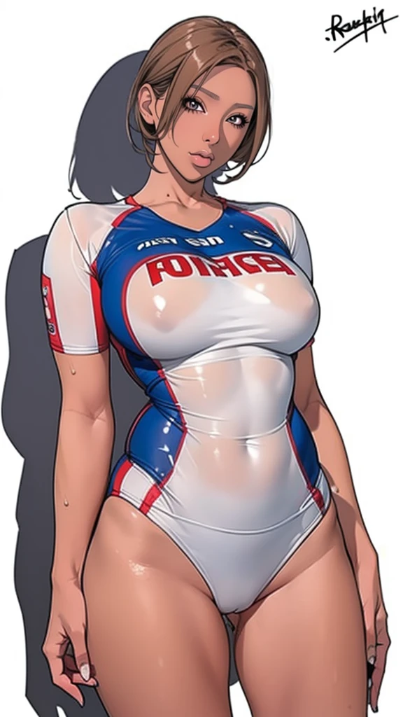 ((masterpiece)),(((Highest quality))),((Character design sheet)),((rough sketch)),((Vulgar)),Thick thighs,One girl,Blonde,big ,((Between the breasts)),Pussy juice,Wet sexy volleyball uniform, Shirt half lift