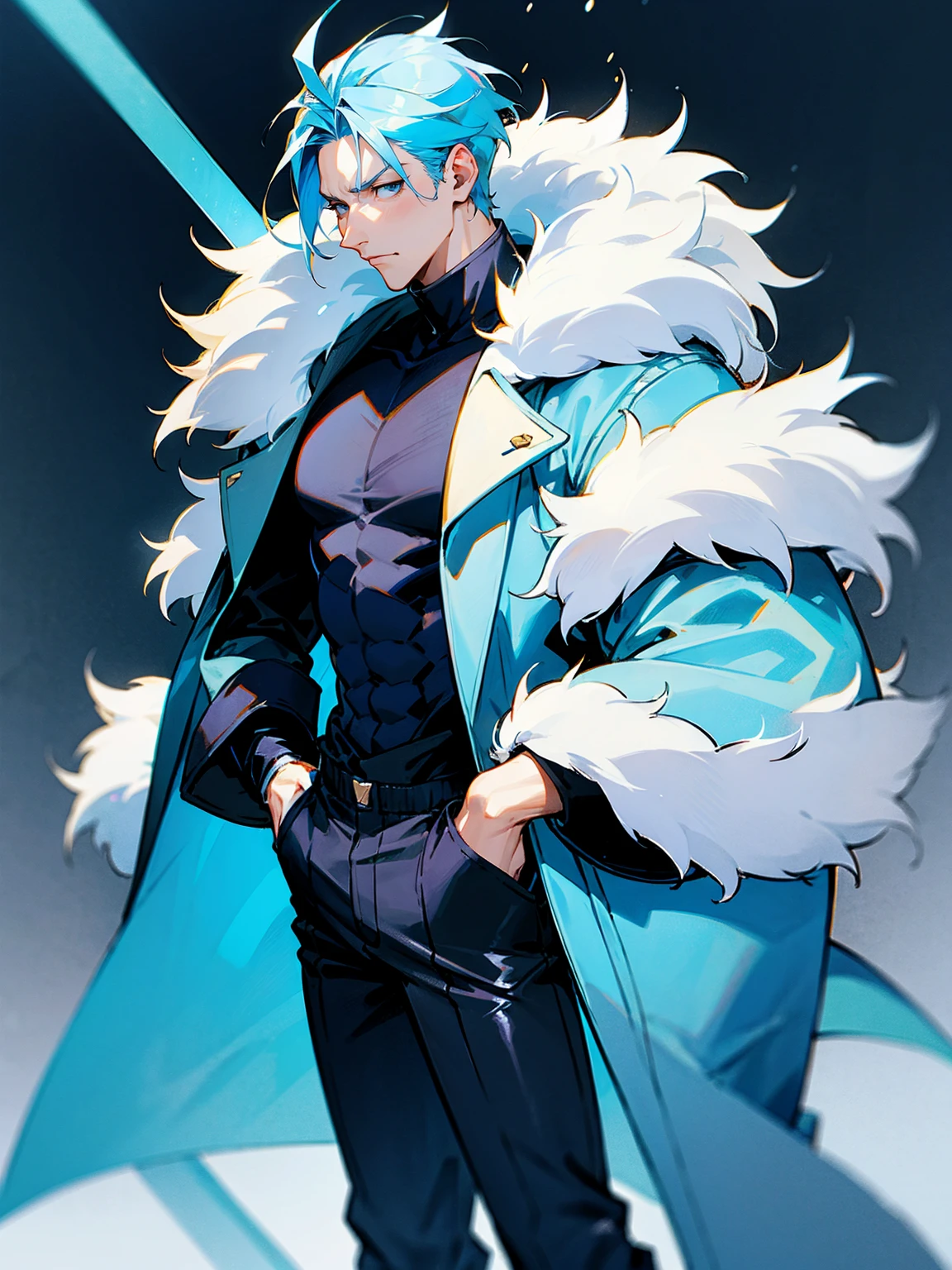 1male, , sky blue hair, Vergil hair, fur coat, black sweatpants, tired expression, lean build, hands in pocket