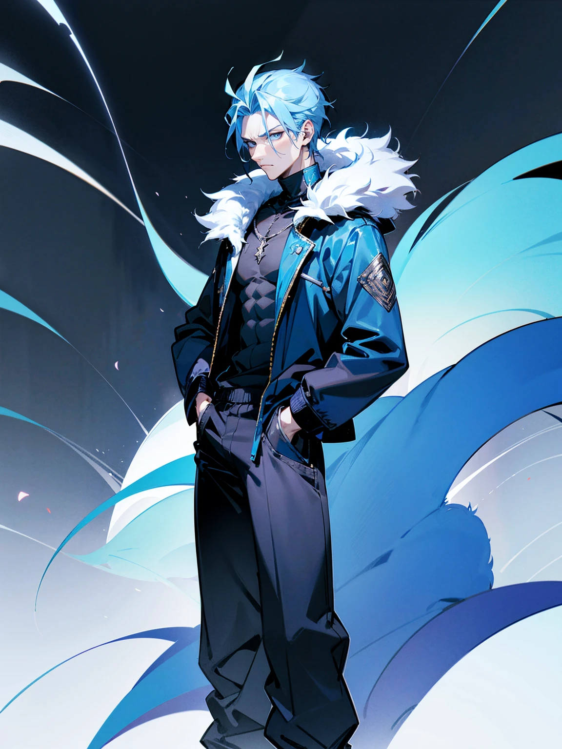 1male, adult, sky blue hair, Vergil hair, fur coat, black sweatpants, tired expression, lean build, hands in pocket