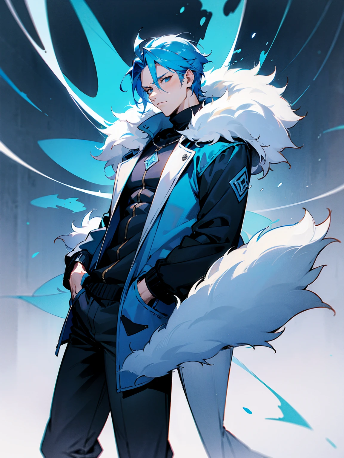 1male, adult, sky blue hair, Vergil hair, fur coat, black sweatpants, tired expression, lean build, hands in pocket